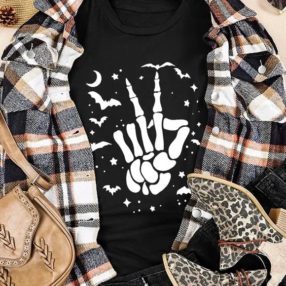 Black Halloween Bat & Skeleton Hand Graphic Tee - Picture 11 of 12